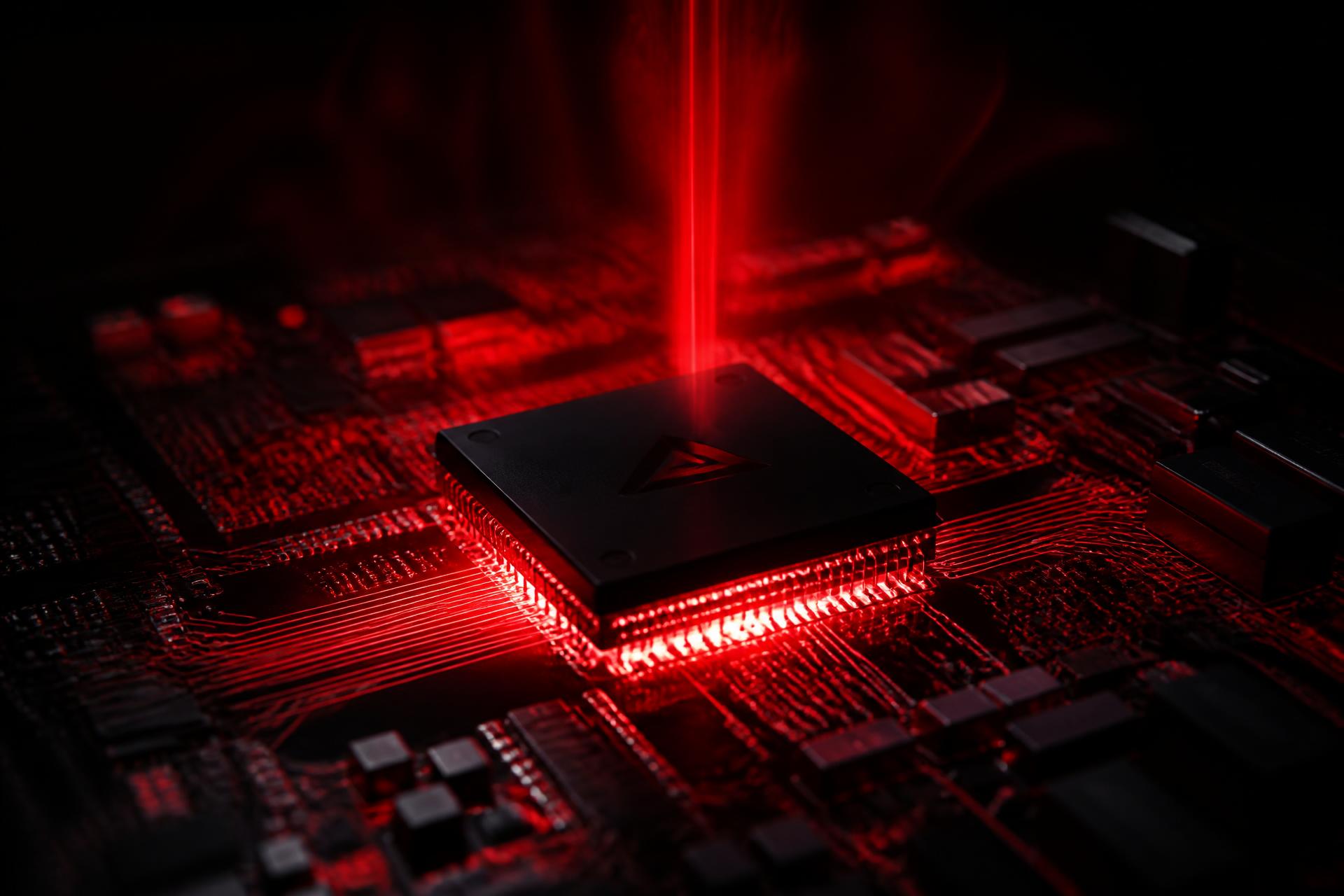Macro PCB with red light beam over the central SoC